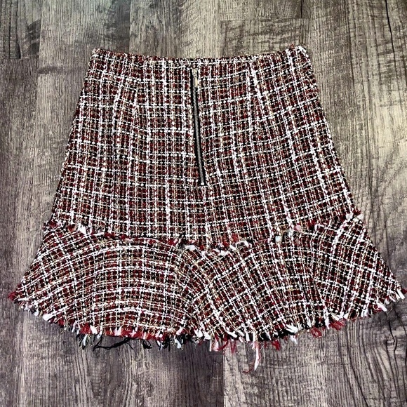 NWT Tartan Plaid Tweed Mini Skirt Womens Large Metallic Ruffle Drop Waist Frayed - Picture 11 of 16
